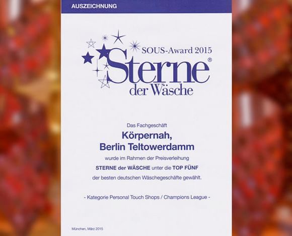 Zertifikat SOUS Award 2015 für Körpernah Zehlendorf.