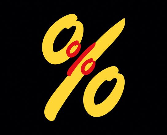 Gelbes und rotes Prozentzeichen auf schwarzem Hintergrund.