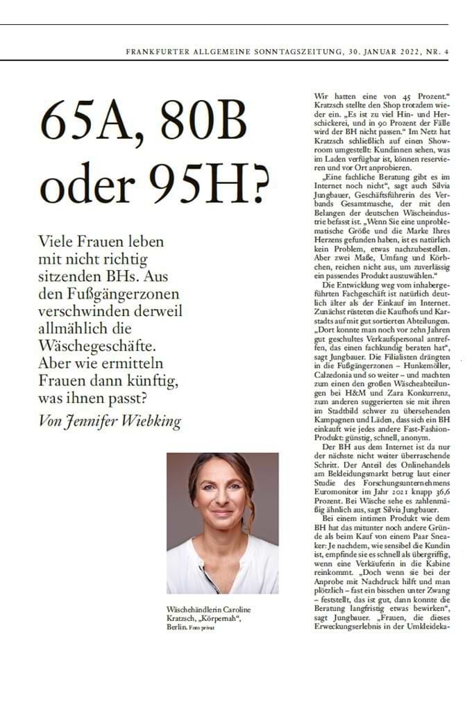 Zeitungsartikel der FAZ vom 30. Januar 2022 mit Portraitfoto von Caroline Kratzsch.