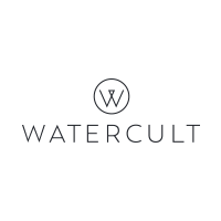 Schwarzer Schriftzug Watercult mit Firmenlogo.