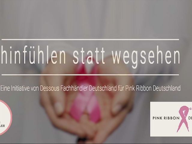 Offene Hände mit pinker Schleife und Schriftzug "hinfühlen statt wegsehen".