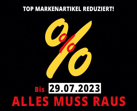 Top Markenartikel reduziert bis 30.07.2023 Ausverkauf mit gelb und rotem Prozentzeichen.