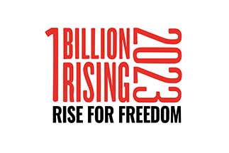 Roter Schriftzug "1 Billion Rising" und schwarzer Schriftzug "Rise for freedom".