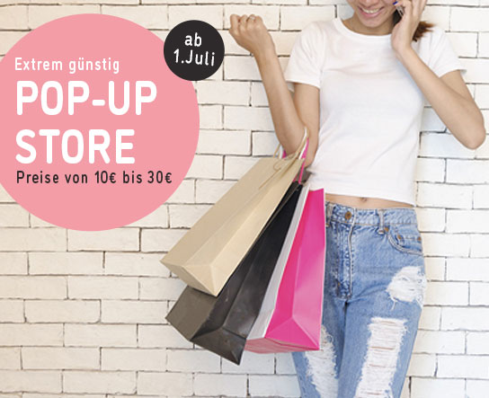 Frau mit Einkaufstaschen und der Aufschrift Pop-up Store mit extrem günstigen Preisen von 10€ bis 30€.