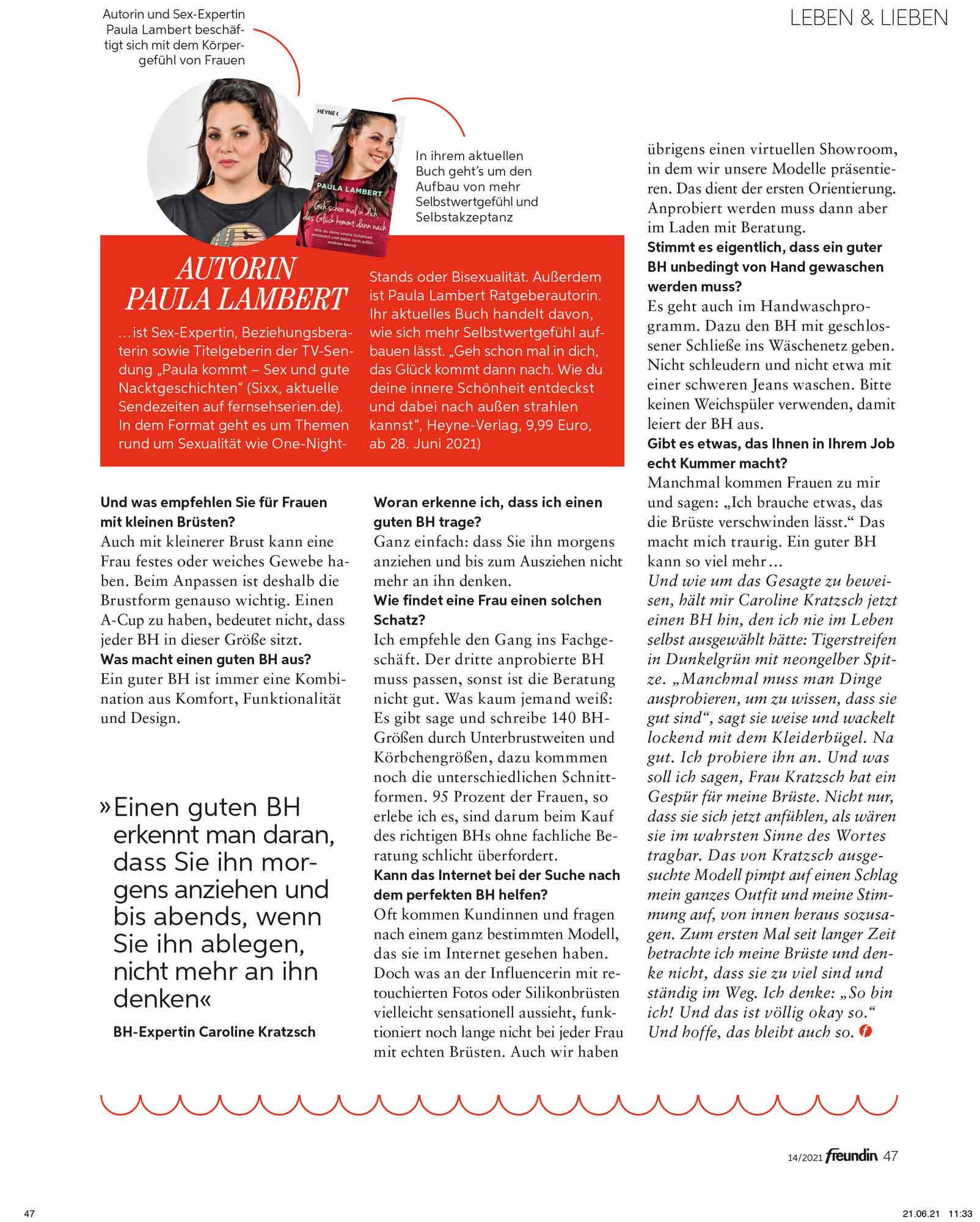 Interview von Paula Lambert mit Caroline Kratzsch in der Freundin vom 16. Juni 2021.
